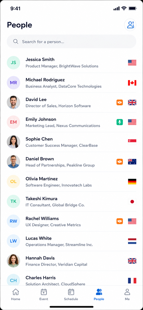 Confrenzy mobile app attendee list with AI-powered networking matches